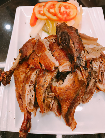 Deep fried whole duck in Thailand.の写真素材