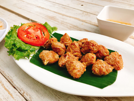 Fried Gypsum ground shrimp wrapped in Thailand.の写真素材
