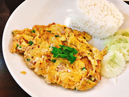 Rice with minced pork omelette in Thailand.の写真素材
