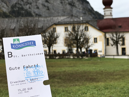 Berchtesgaden, Germany - November 1, 2018:  The ticket of the Konigsee Lake boat trip that have already been stamped the rubber stamp of St.Bartholomew's Church.のeditorial素材