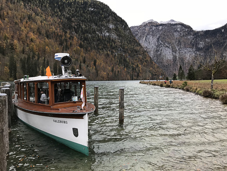 Berchtesgaden, Germany - November 1, 2018:  The electric boat take about 35 minutes in Lake Konigsee journey to St.Bartholomew church.のeditorial素材