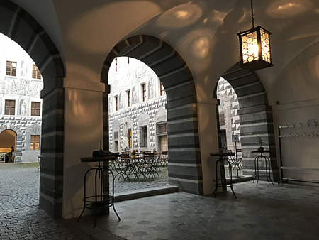 Innsbruck, Austria - October 31, 2018:  The exterior wall decoration of Ambras Castle. The castle is a Renaissance castle and palace located in the hills above Innsbruck, Austria.のeditorial素材