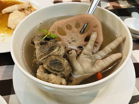 Dish of yummy lotus root soup.の写真素材