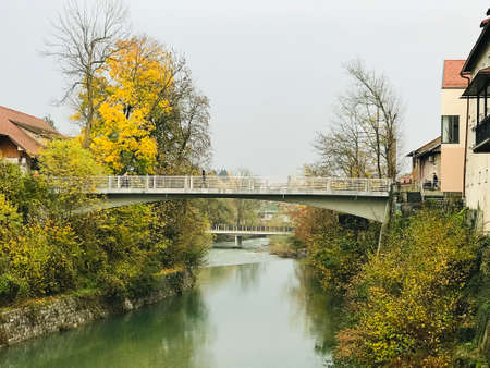 Scenery around the bridge over the river in Skofja Loka, Slovenia.の写真素材