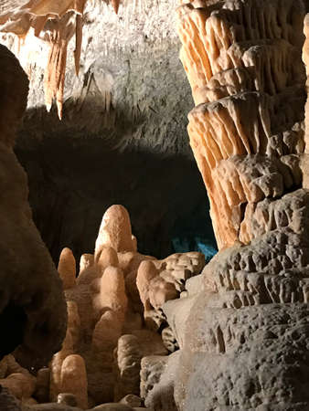 Stalactite and stalagmite of Postojna Cave in Slovenia.
