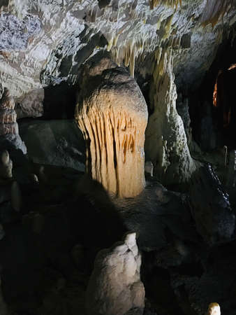 Stalactite and stalagmite of Postojna Cave in Slovenia.の写真素材