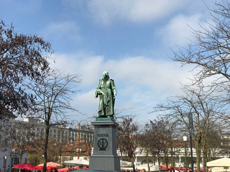 Ljubljana, Slovenia - November 8, 2018:  The Vodnik Monument is dedicated to the Carniolan priest, poet and journalist Valentin Vodnik (1758-1819). It stands at Vodnik Square in Ljubljana, Slovenia.のeditorial素材
