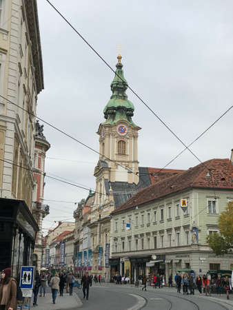 Graz, Austria - November 9, 2018:  Landscape and buildings in the immediate vicinity of Stadtpfarrkirche in Graz, Austria.のeditorial素材