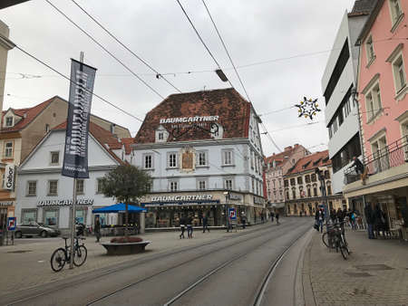 Graz, Austria - November 9, 2018: Buildings and decorative lights in the city centre of Graz, Austria.のeditorial素材