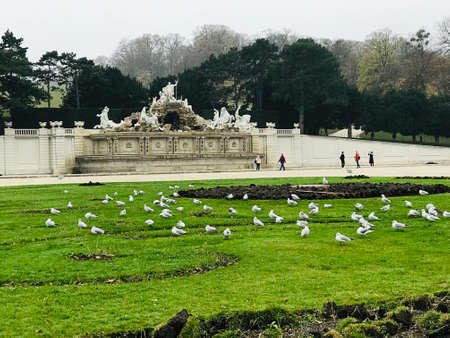 Vienna, Austria - November 10, 2018:  The Neptune Fountain at the foot of the Gloriette hill was designed to be the crowning monument of the Great Parterre. Commissioned by Maria Theresa in the 1770s.のeditorial素材