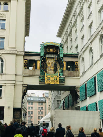 Vienna, Austria - November 11, 2018:  The Anchor Clock (Ankeruhr) was built between 1911 and 1917. It was created by the painter and sculptor Franz von Matsch and is a typical Art Nouveau design.のeditorial素材