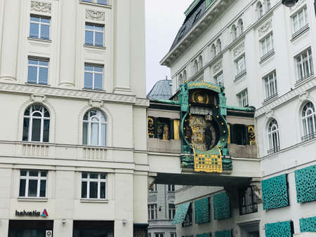 Vienna, Austria - November 11, 2018:  The Anchor Clock (Ankeruhr) was built between 1911 and 1917. It was created by the painter and sculptor Franz von Matsch and is a typical Art Nouveau design.のeditorial素材