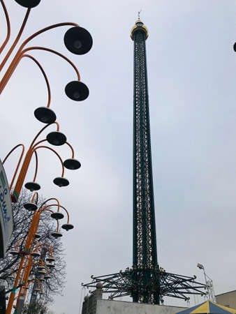 Vienna, Austria - November 11, 2018:  The Prater Tower at the Prater amusement park is a gigantic chain carousel which lets you fly around in circles, in about 117 m above the ground. At the same timeのeditorial素材