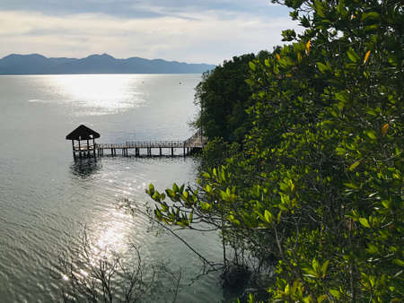 Trat, Thailand - December 19, 2020:  Scenery of sea view pavilion that visible from the top floor of observation deck of 'Mature mangrove forest and black sand beach' in Trat, Thailand.のeditorial素材
