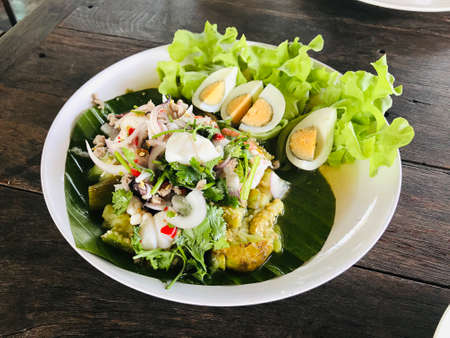 Grilled eggplants and seafood spicy salad in Thailand.の写真素材