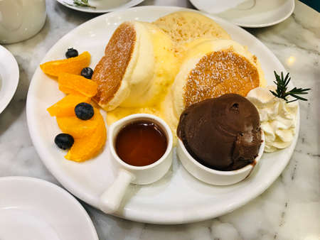 Dish of crumble lemon cream pancake.の写真素材