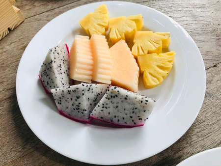 Dish of seasonal fresh fruits in Thailand.