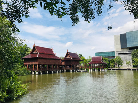 Nakhon Pathom, Thailand-August 16, 2020: Landscape and Thai houses of Mahidol University in Nakhon...