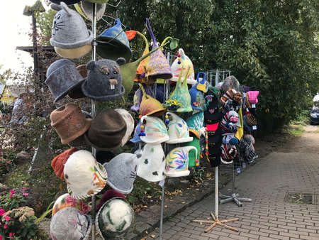 Trakai, Lithuania - September 14, 2019:  A variety of cute fabric hats are on sale on the lakefront around the Trakai Island Castle in Trakai, Lithuania.のeditorial素材
