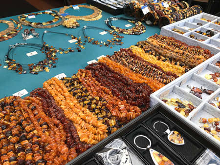 Trakai, Lithuania - September 14, 2019:  A variety of cute necklace amber are on sale on the lakefront around the Trakai Island Castle in Trakai, Lithuania.のeditorial素材