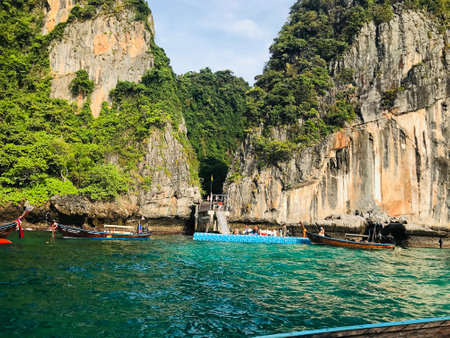 Krabi, Thailand - December 14, 2022:  Landscape and scenery surrounding the pontoon in Loh Samah Bay of Phi Phi Le Island in Krabi province of Thailand.のeditorial素材