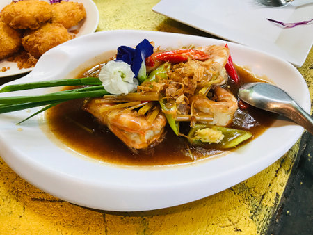 Stir fried prawn with tamarind sauce in Phuket, Thailand.の写真素材