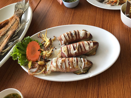 Grilled Squid full of Roe in Phuket, Thailand.の写真素材