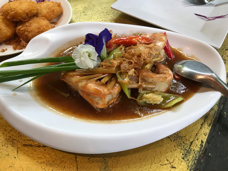 Stir fried prawn with tamarind sauce in Phuket, Thailand.の写真素材