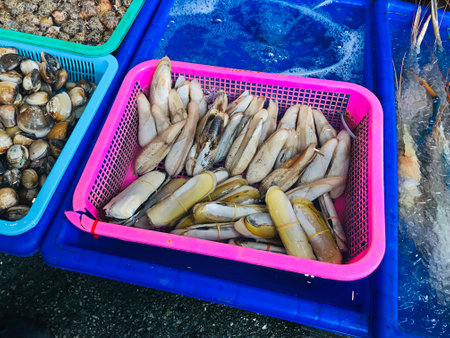 Various shellfish ingredients for sale at Rawai Seafood Market in Phuket, Thailand.の写真素材
