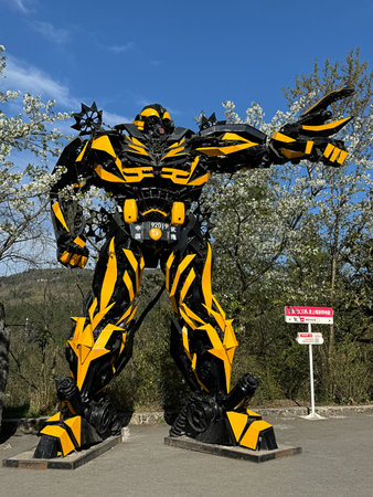 Chongqing, China - March 29 2024:  Bumblebee Robot Model of the movie "Transformers" is on display in Wulong Karst National Geology Park in Chongqing, China.のeditorial素材