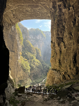 Chongqing, China - March 29 2024:  Scenery and walking route of the Three Natural Bridges within Wulong Karst National Geology Park in Chongqing, China.のeditorial素材