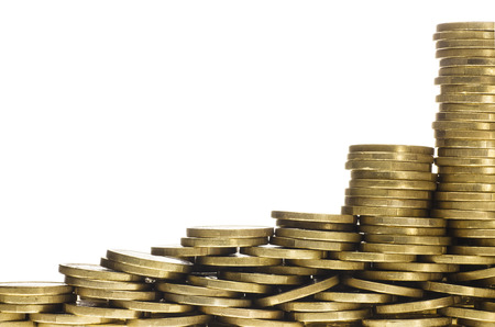 Heaps and Stacks of Gold Coins Forming Bottom Frame Borderの写真素材