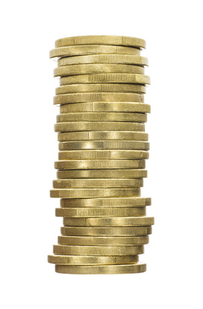 Crooked Stack of Shiny Gold Coins Isolated on Whiteの写真素材