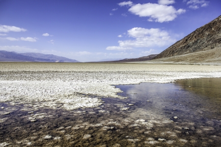 A pool of salty water in the salt flats at Badwater Basin in Death Valleyの写真素材