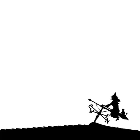 Silhouette of Halloween witch and cat on a broomstick against a white backgroundの写真素材