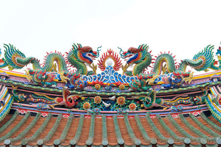 Two colorful Chinese dragons on the roof of  a Chinese temple