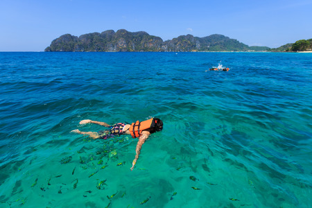 Snorkeling with fishes over coral reef in Krabiの写真素材
