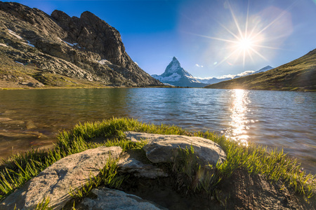 View of Matterhorn Mountain with lake at Zermatt ,Switzerlandの写真素材