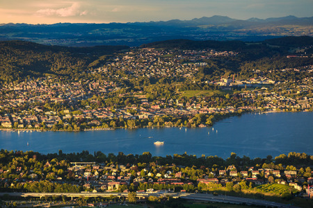 View of Zurich cityscape and Zurich lake from Uetliberg ,Zurich,Switzerlandの写真素材