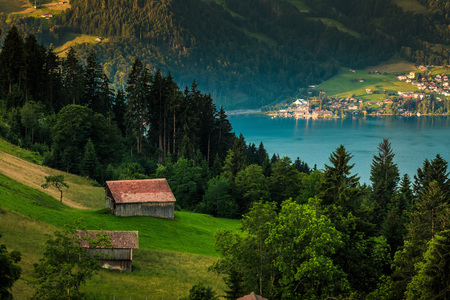 View of a house with mountain and lake background at Interlaken ,Switzerland