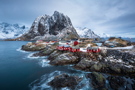 Norwegian fisherman's cabins, rorbuer located on Hamnoy island , Reine on Lofoten islands Norway.の写真素材