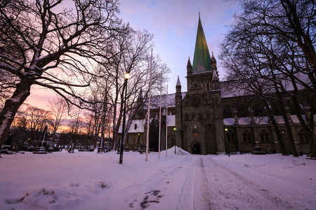 Sunrise at Nidaros Cathedral Located in Trondheim ,Norwayの写真素材