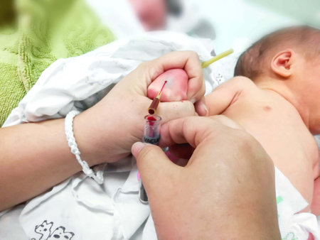 Closeup hands of pediatric nurse using IV Catheter stab on sick newborn baby hand and drained his blood to blood tube for to checkup glucose and all virus in his blood at NICU wards.の写真素材