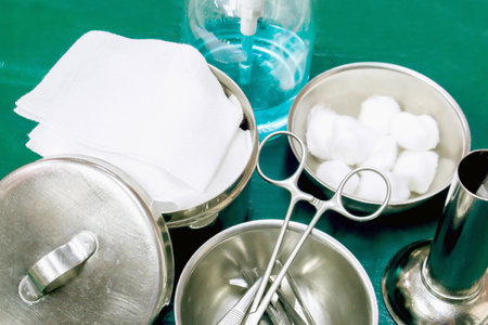 Close up of Medical equipment of wound healing on green background.の写真素材