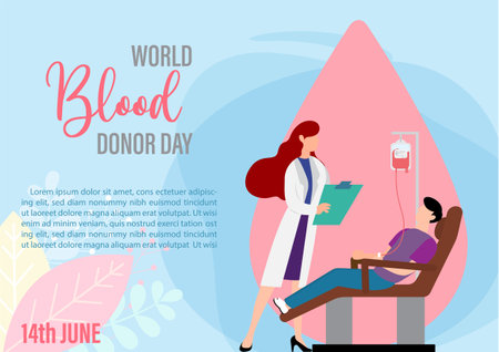 Young man and doctor in cartoon character receiving blood with wording of blood donor day and example texts on decoration plants and blue background. World blood donor day poster campaign in vector.のイラスト素材