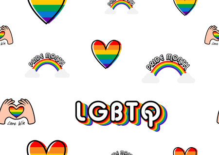 Sign and symbols of LGBT pride day and month in seamless wallpaper and gift wrap isolated on white background.のイラスト素材
