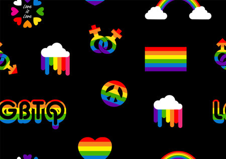 Sign and symbols of LGBT pride day and month in seamless wallpaper and gift wrap isolated on black background.のイラスト素材