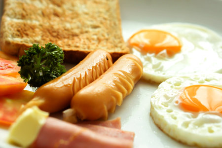 Close up American breakfast. Popular food by the hotel and restaurant in Thailand. Easy to find and delicious.の写真素材