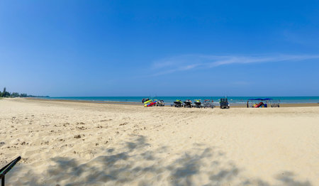 Nature Scenery of Cha Am beach with water jet ski rental business and rubber boats for tourists who come to swim at the beach.のeditorial素材