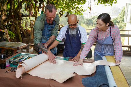 A group of leathermakers looks at white pellets to make plans for leather products.